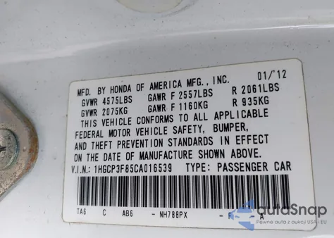 2012 Honda Accord 3.5 Ex-L from USA, damaged, VIN 1HGCP3F85CA016539